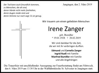 Traueranzeige von Irene Zanger von Hohenzollerische Zeitung