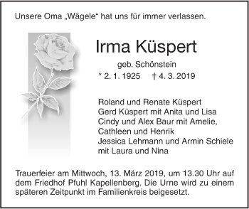 Traueranzeige von Irma Küspert von SÜDWEST PRESSE Ausgabe Ulm/Neu-Ulm