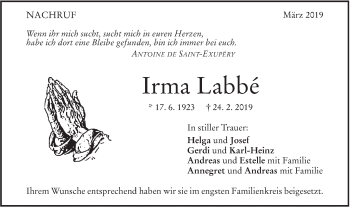 Traueranzeige von Irma Labbé von Geislinger Zeitung