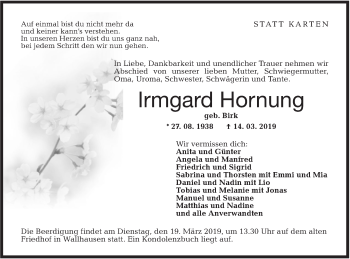 Traueranzeige von Irmgard Hornung von Hohenloher Tagblatt