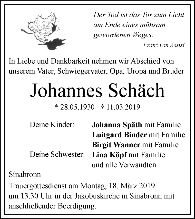  Traueranzeige für Johannes Schäch vom 14.03.2019 aus SÜDWEST PRESSE Ausgabe Ulm/Neu-Ulm