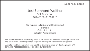 Traueranzeige von Jost Bernhard Walther von SÜDWEST PRESSE Ausgabe Ulm/Neu-Ulm