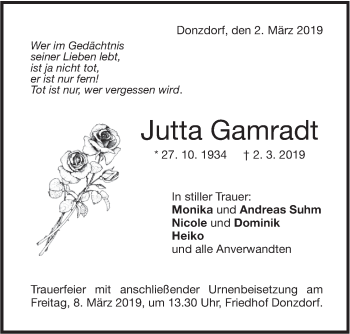 Traueranzeige von Jutta Gamradt von NWZ Neue Württembergische Zeitung