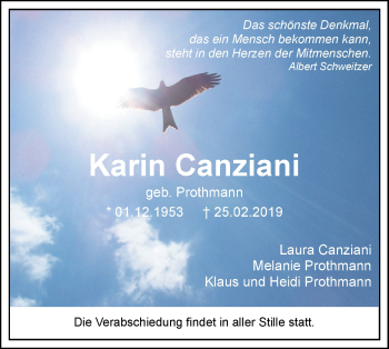 Traueranzeige von Karin Canziani von SÜDWEST PRESSE Ausgabe Ulm/Neu-Ulm