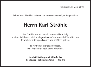 Traueranzeige von Karl Ströhle von Geislinger Zeitung