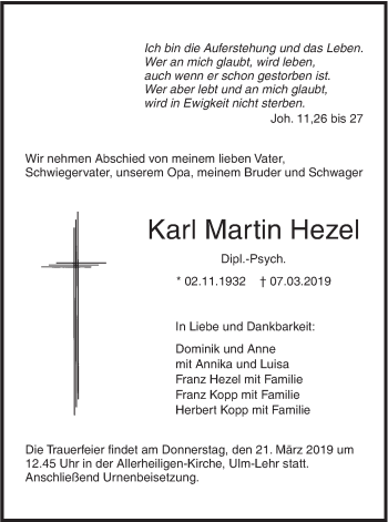 Traueranzeige von Karl Martin Hezel von SÜDWEST PRESSE Ausgabe Ulm/Neu-Ulm
