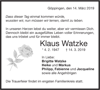 Traueranzeige von Klaus Watzke von NWZ Neue Württembergische Zeitung