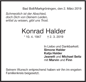 Traueranzeige von Konrad Halder von NWZ Neue Württembergische Zeitung
