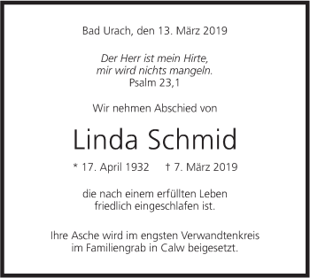 Traueranzeige von Linda Schmid von Metzinger-Uracher Volksblatt