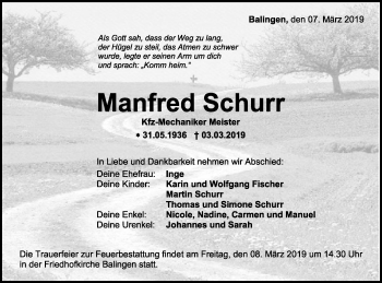 Traueranzeige von Manfred Schurr von Hohenzollerische Zeitung