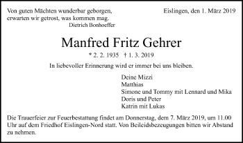 Traueranzeige von Manfred Fritz Gehrer von NWZ Neue Württembergische Zeitung