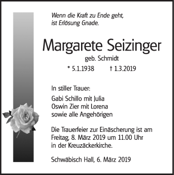 Traueranzeige von Margarete Seizinger von Haller Tagblatt