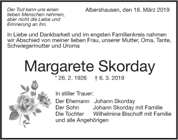 Traueranzeige von Margarete Skorday von NWZ Neue Württembergische Zeitung