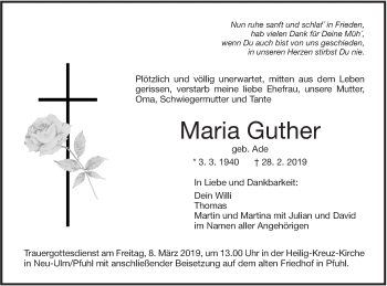 Traueranzeige von Maria Guther von SÜDWEST PRESSE Ausgabe Ulm/Neu-Ulm