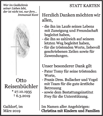 Traueranzeige von Otto Reisenbüchler von Rundschau Gaildorf