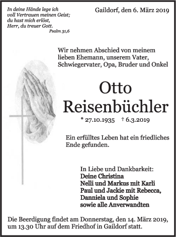 Traueranzeige von Otto Reisenbüchler von Rundschau Gaildorf