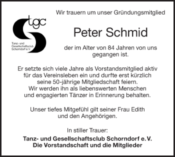 Traueranzeige von Peter Schmid von NWZ Neue Württembergische Zeitung