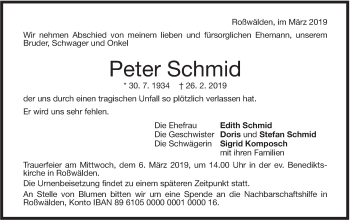 Traueranzeige von Peter Schmid von NWZ Neue Württembergische Zeitung