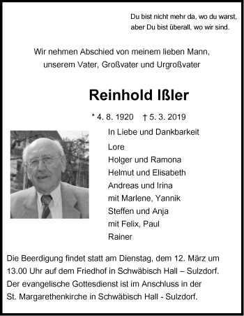 Traueranzeige von Reinhold Ißler von Haller Tagblatt