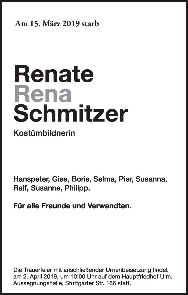 Traueranzeige für Renate Schmitzer vom 20.03.2019 aus SÜDWEST PRESSE Ausgabe Ulm/Neu-Ulm