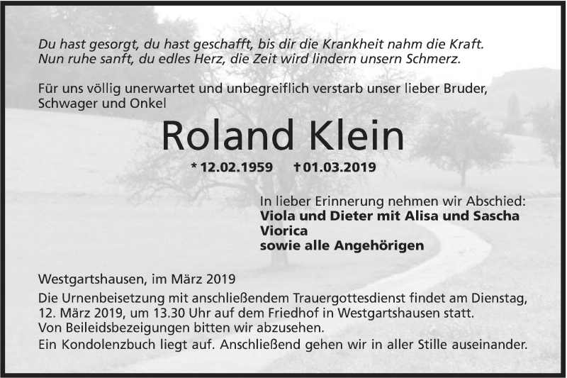  Traueranzeige für Roland Klein vom 09.03.2019 aus Hohenloher Tagblatt
