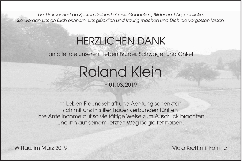  Traueranzeige für Roland Klein vom 23.03.2019 aus Hohenloher Tagblatt