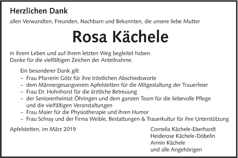  Traueranzeige für Rosa Kächele vom 23.03.2019 aus Alb-Bote/Metzinger-Uracher Volksblatt