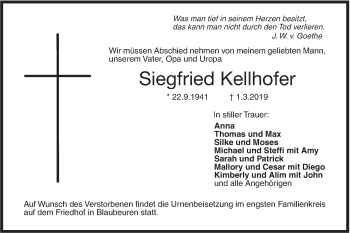 Traueranzeige von Siegfried Kellhofer von SÜDWEST PRESSE