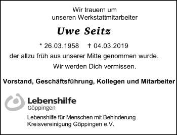 Traueranzeige von Uwe Seitz von NWZ Neue Württembergische Zeitung
