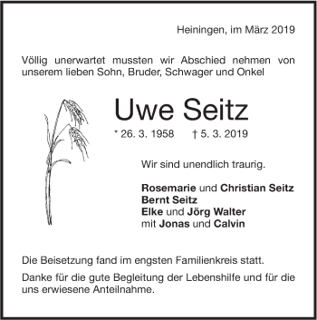 Traueranzeige von Uwe Seitz von NWZ Neue Württembergische Zeitung