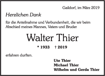 Traueranzeige von Walter Thier von Rundschau Gaildorf