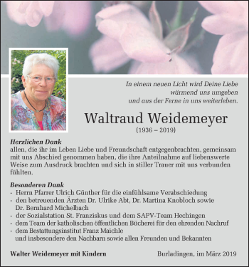 Traueranzeige von Waltraud Weidemeyer von Hohenzollerische Zeitung