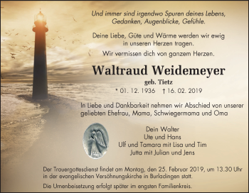 Traueranzeige von Waltraud Weidemeyer von Hohenzollerische Zeitung