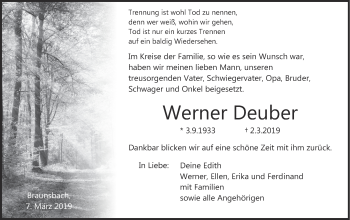 Traueranzeige von Werner Deuber von Haller Tagblatt