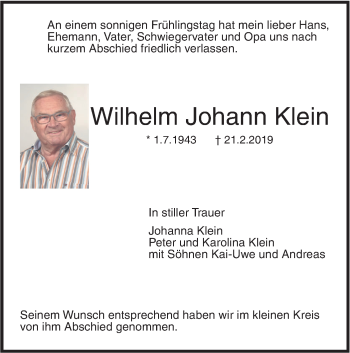Traueranzeige von Wilhelm Johann Klein von SÜDWEST PRESSE Ausgabe Ulm/Neu-Ulm