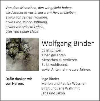 Traueranzeige von Wolfgang Binder von Geislinger Zeitung