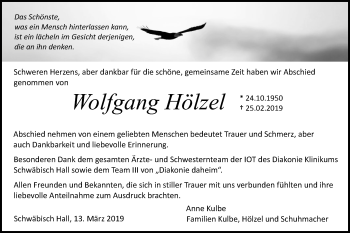 Traueranzeige von Wolfgang Hölzel von Haller Tagblatt