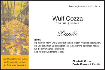 Traueranzeige von Wulf Cozza von NWZ Neue Württembergische Zeitung