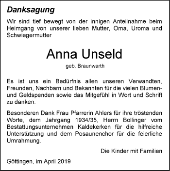 Traueranzeige von Anna Unseld von SÜDWEST PRESSE Ausgabe Ulm/Neu-Ulm