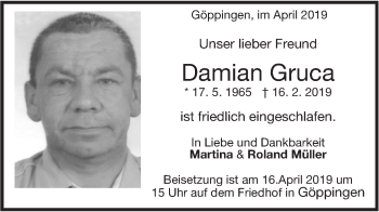 Traueranzeige von Damian Gruca von NWZ Neue Württembergische Zeitung