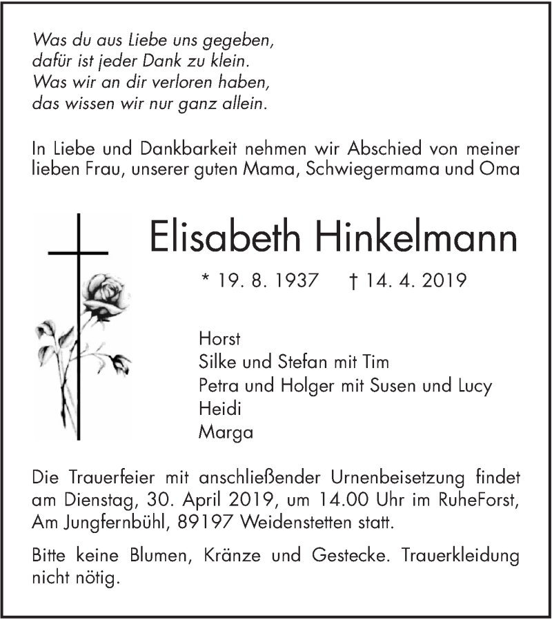  Traueranzeige für Elisabeth Hinkelmann vom 20.04.2019 aus SÜDWEST PRESSE Ausgabe Ulm/Neu-Ulm