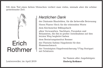 Traueranzeige von Erich Rothmer von Hohenloher Tagblatt