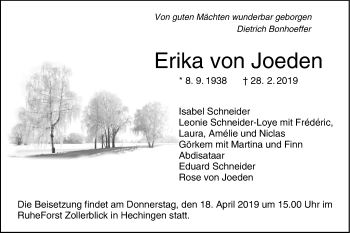 Traueranzeige von Erika  von Joeden von Hohenzollerische Zeitung