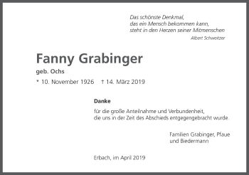 Traueranzeige von Fanny Grabinger von SÜDWEST PRESSE Ausgabe Ulm/Neu-Ulm