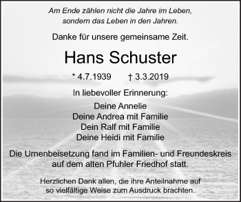 Traueranzeige von Hans Schuster von SÜDWEST PRESSE Ausgabe Ulm/Neu-Ulm
