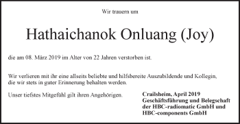 Traueranzeige von Hathaichanok Onluang von Hohenloher Tagblatt