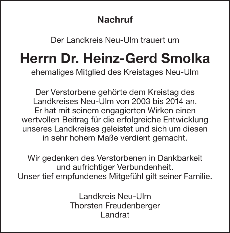  Traueranzeige für Heinz-Gerd Smolka vom 02.04.2019 aus SÜDWEST PRESSE Ausgabe Ulm/Neu-Ulm
