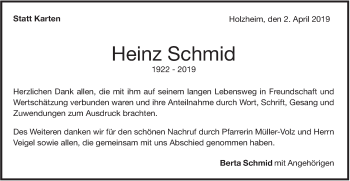 Traueranzeige von Heinz Schmid von NWZ Neue Württembergische Zeitung