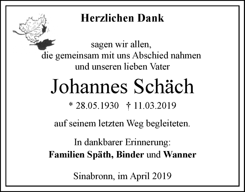  Traueranzeige für Johannes Schäch vom 05.04.2019 aus SÜDWEST PRESSE Ausgabe Ulm/Neu-Ulm