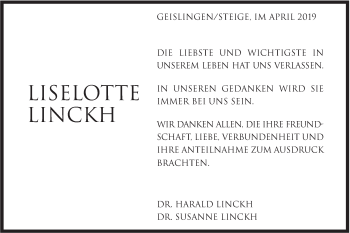Traueranzeige von Liselotte Linckh von Geislinger Zeitung